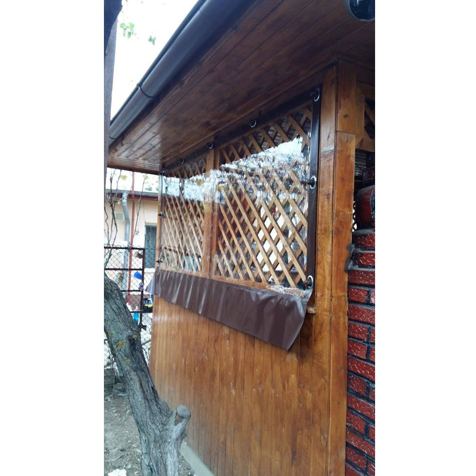 Folie terasa transparenta cu capse si bride, 1,4 m lungime x 2,1 m inaltime, banda maro